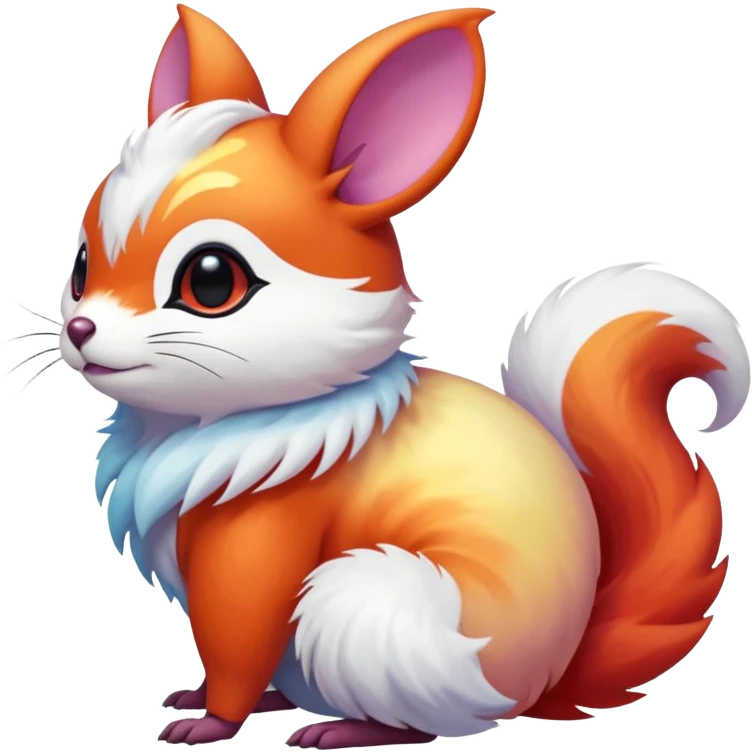 Shiny iridescent light warmly colored reddish-orange-gold-gradients neon vibrant colorful pastel flourishing flurry fuzzy Absol-Minccino-Furret-Zangoose-Chinchilla-Stitch-fusion-animal-Fakémon-hybrid-creature  emoji