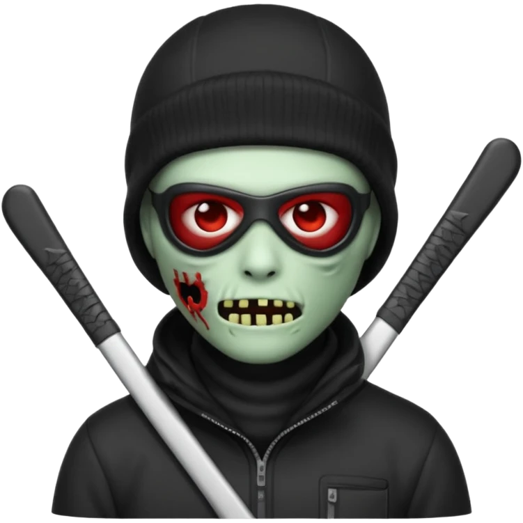 Zombie Emoji AppleIOS Style, Black Hair, SkiMask on Sideways Head, and Black shirt emoji