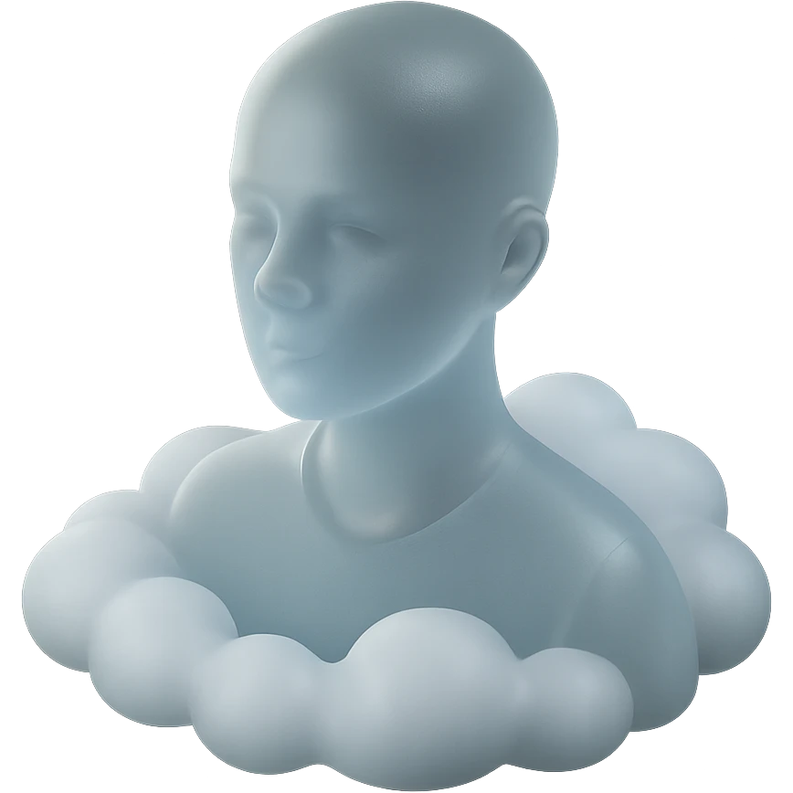 person looking straight, shoulders immersed in fluffy convex white clouds emoji