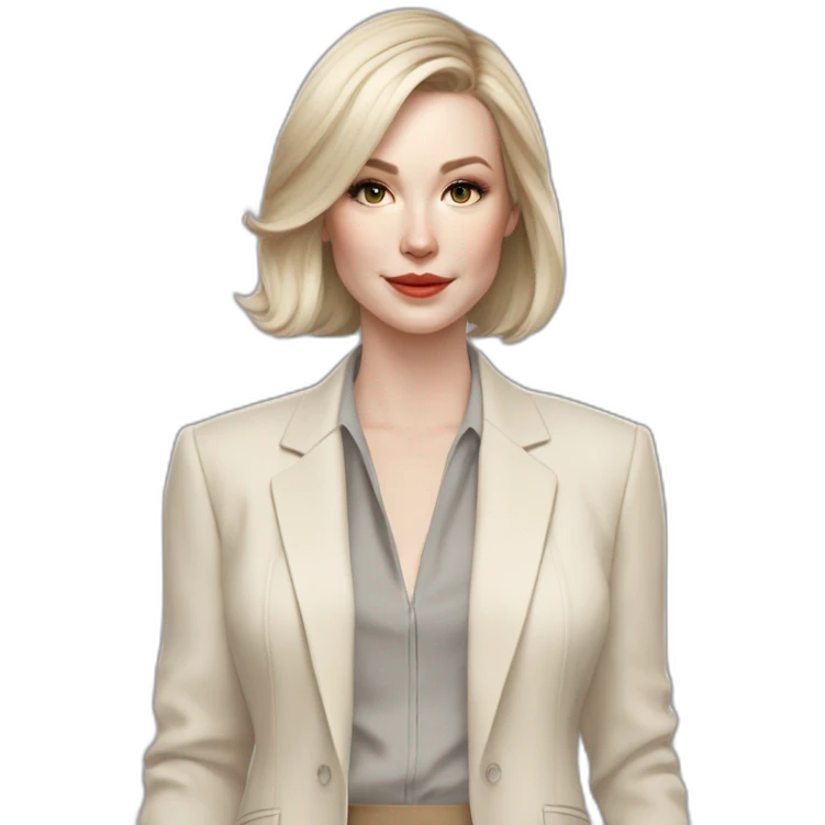 pale skin woman with ash blonde Straightened bob Hair, White Spacious classical jacket, beige palazzo Arrow pants and gray blouse holding a color palettes in the hands emoji