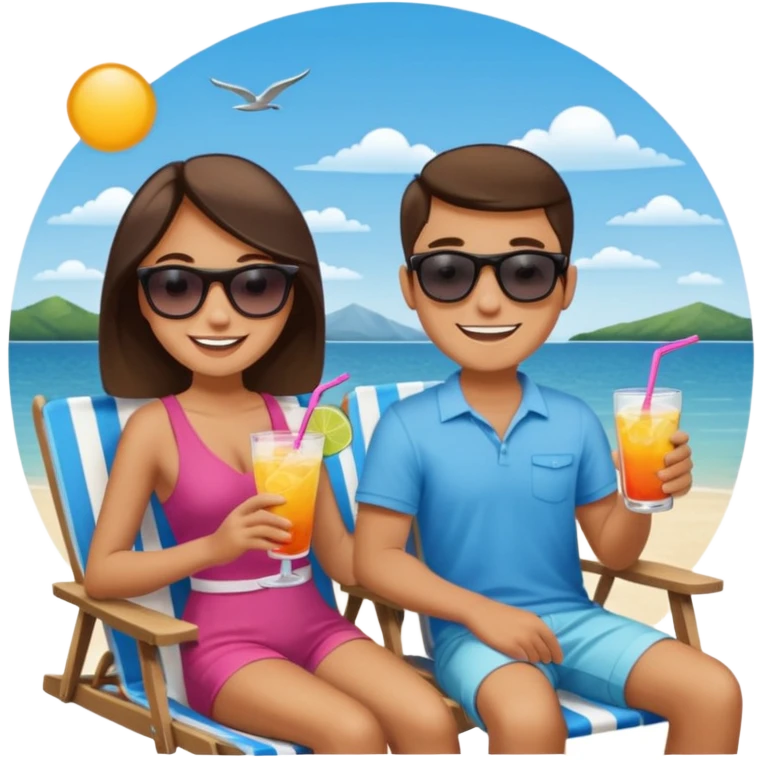 Use this image to design the faces of a young man and woman sitting in beach chairs talking with drinks in their hands on a lake dock  emoji