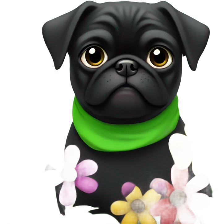 Black pug , surrounded by flowers, holding a green sign that says “good luck”  emoji