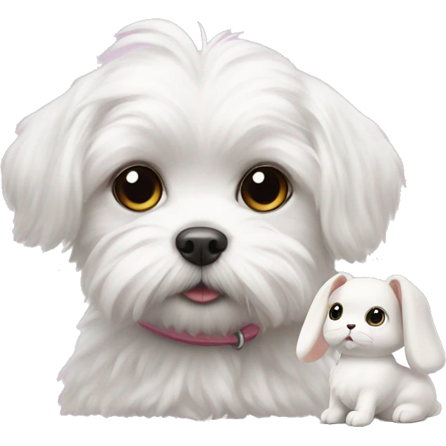 white maltese with small toy of rabbit shape doll emoji