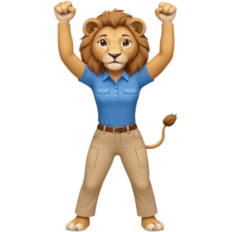 friendly anthropomorphised female lion in a shirt and pants with fist raised, energetic pose emoji