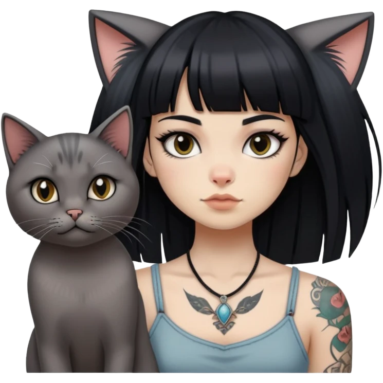 girl with long black  straight bangs hair and tattoos and a grey-shared cat emoji