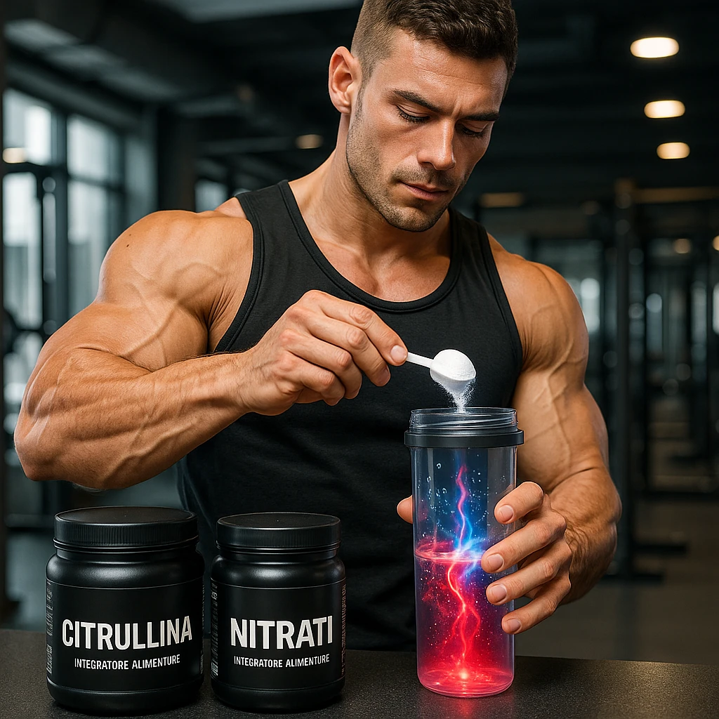 athletic bodybuilder, not too bulky, pouring Citrulline and Nitrates powder into a transparent shaker, visual effect of red and blue energy in the liquid, packages with Italian labels, defined but not excessive muscles, modern gym, realistic details emoji