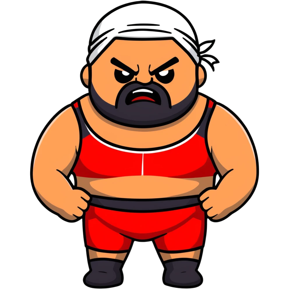 White skin fat guy with prominent black durag, black beard, black eyes in a red and black wrestling singlet with angry face emoji