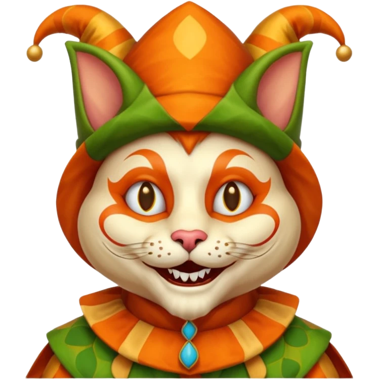 crazy funny colorful cat jolly joker, medieval, vintage, court jester, mac os icon, orange color emoji