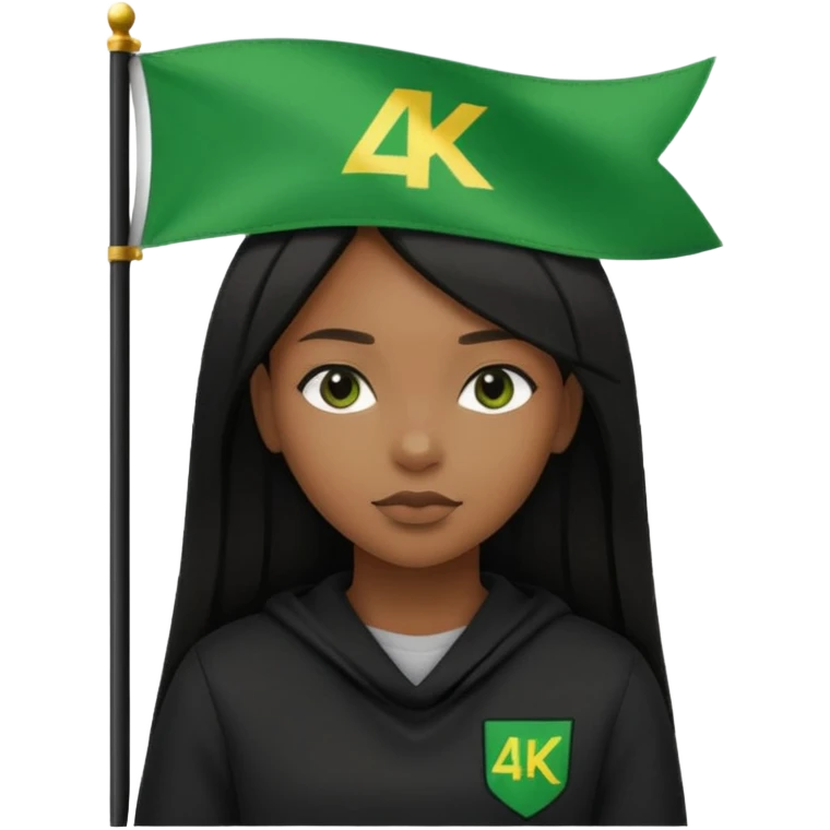 Black girl with straight hair with a green flag on her head that says 4kt on top of it with all black clothes on  emoji