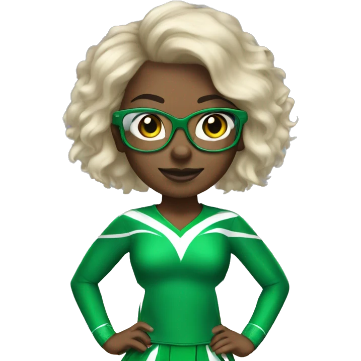 African American cheerleading with green cheerleading outfit and clear glasses emoji