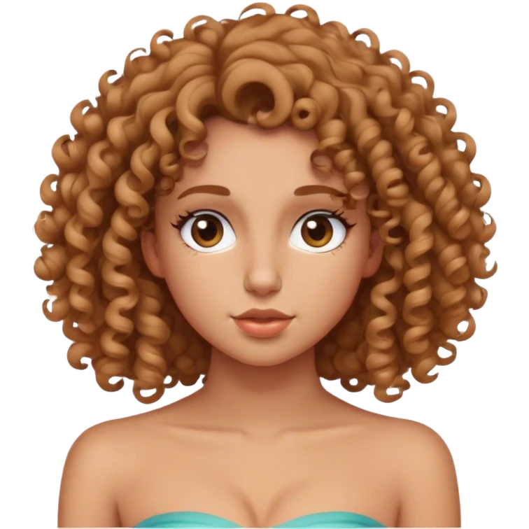 menina de cabelo cacheado abaixo do busto com nariz fino e empinado com uma blusa tomara que caia emoji
