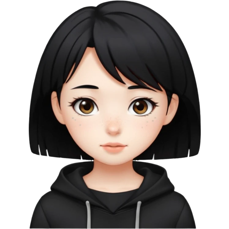 Cute anime girl in dark tones with a blushing face and freckles, with short black hair, and a dark trend style emoji
