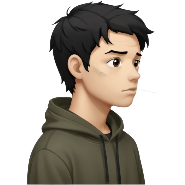 A dark anime-style illustration of a young man in side profile, facing left, with messy black hair tied loosely, sharp jawline and tired eyes. He wears an oversized dark hoodie with muted earthy tones. His expression is calm but emotionally heavy, showing silent pain and inner conflict.

 emoji