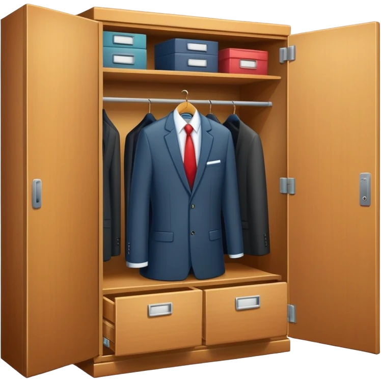 Cartoon style wardrobe cabinet with neat business attire visible through open door emoji