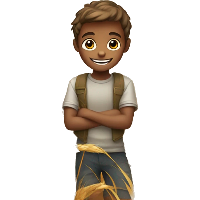smiling boy in wheat field with monkey emoji