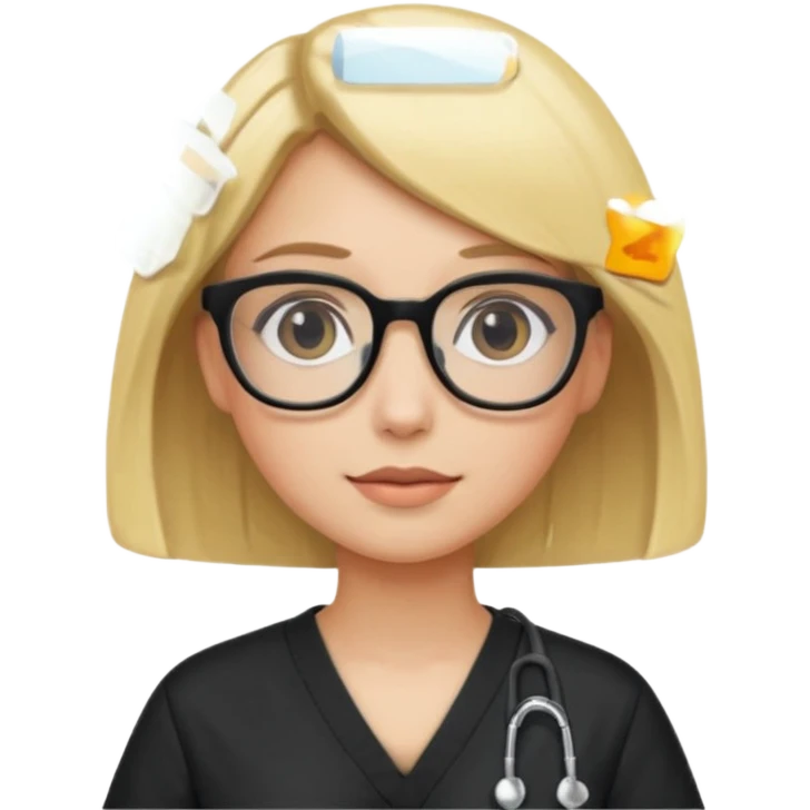A girl in black scrubs with a blonde bob and glasses emoji