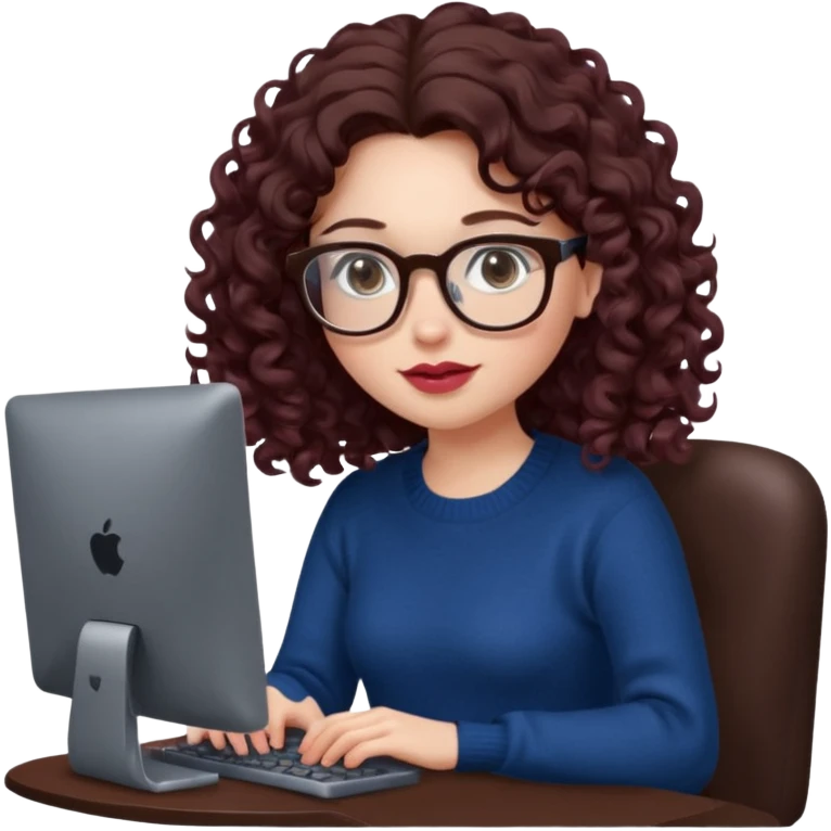 a white young woman with very long wavy dark brown/chocolate hair with curls at the end of her long hair typing in a computer. she's using round glasses, her lips are light red and her cheeks slightly pink. Her eyes are dark brown. She's using a dark blue knit sweater  emoji