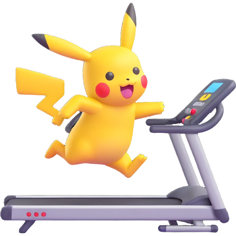 Pikachu running on a treadmill to indicate loading, lively and fun, modern emoji style emoji