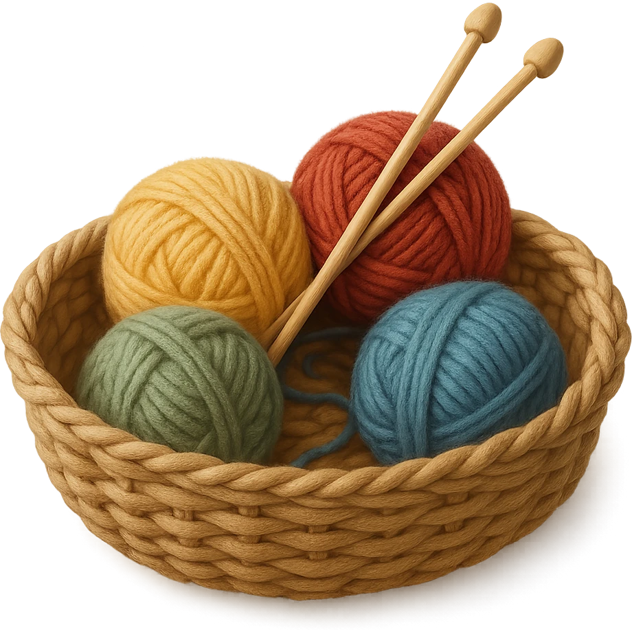 cozy basket of yarn and knitting needles, soft and inviting emoji