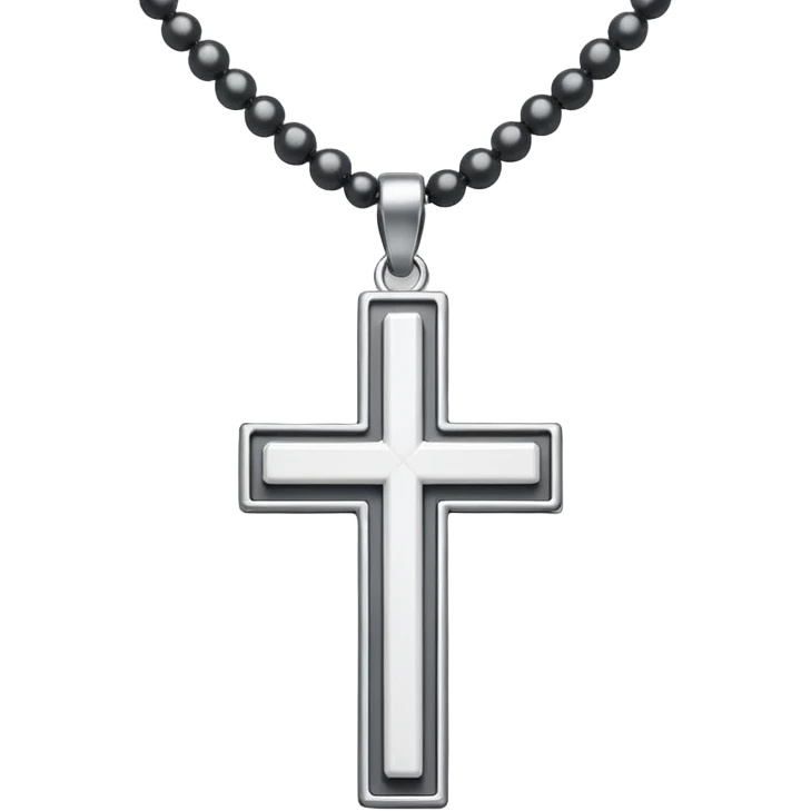 Elegant emoji icon of a white cross made of white beads, glossy surface, and white bead chain subtle shadows, pure white palette emoji