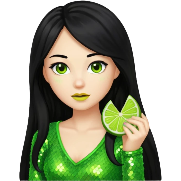 Verona from Van Helsing with long black hair, lime green sequin outfit emoji