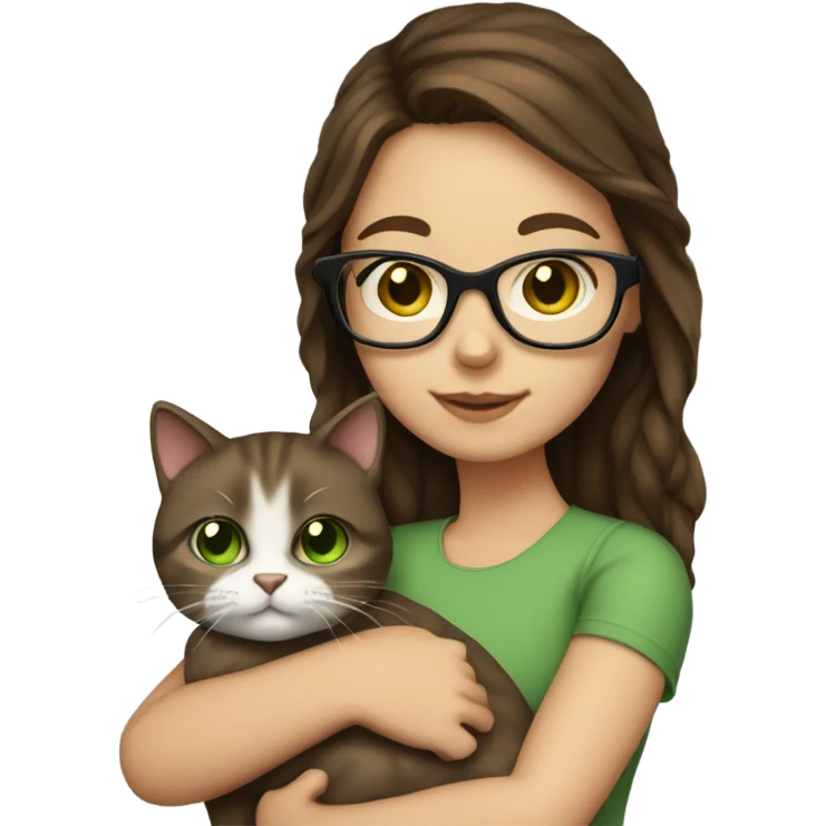 girl with brown hair, green eyes, and square frame glasses holding a cat emoji