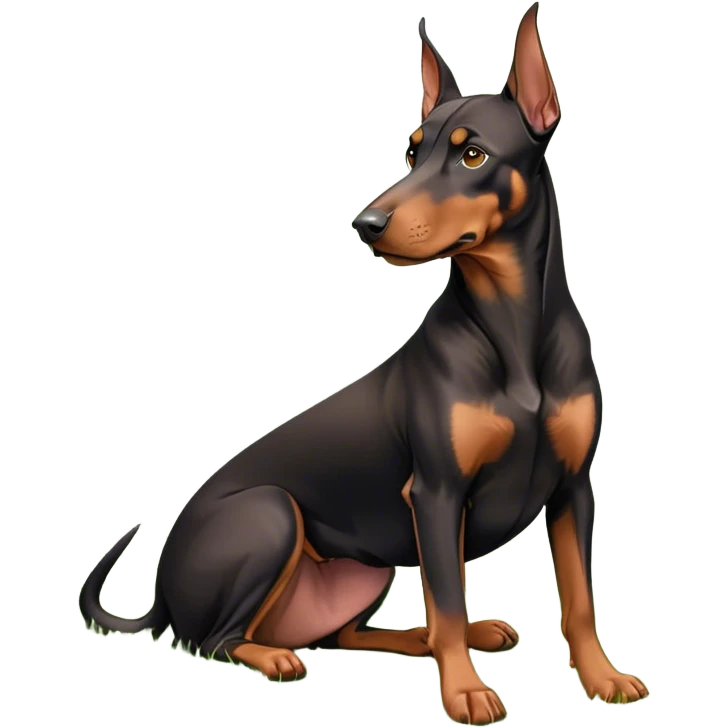 Close-up of a Doberman Pinscher sitting on lush green grass, looking alert and majestic. The background features a beautiful, serene nature view with rolling hills and bright blue skies. The dog’s sleek black and tan coat shines under the sun. Transparent background. emoji