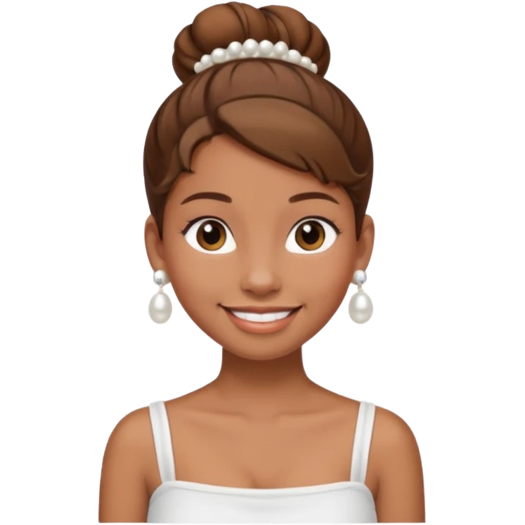 Light brown skin girl, brown hair in bun, smiling, white tube top, pearl earrings emoji