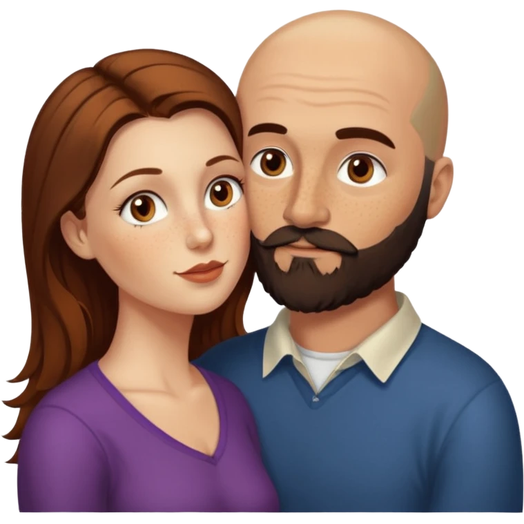 Couple. Bald man with dark brown-black beard. White woman with many small, faded freckles, she has white skin and she has auburn-brown-cinnamon, dark long hair. She has light brown eyes. The man have hazel eyes. Retro style. She kisses him on the cheek. emoji