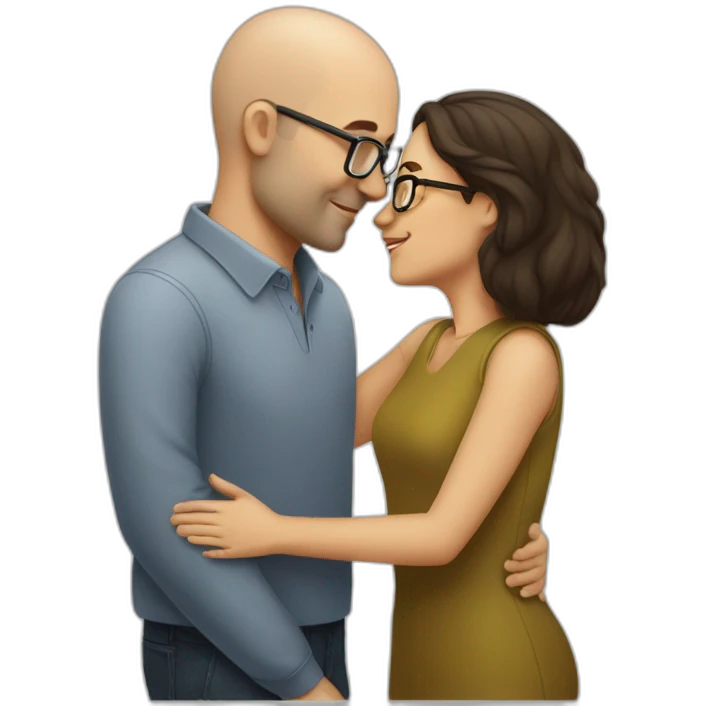 dark brown haired woman kissing bald man with glasses emoji