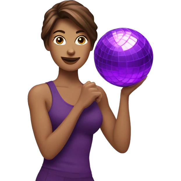 Brown hair woman holding purple disco ball and dumbbell emoji