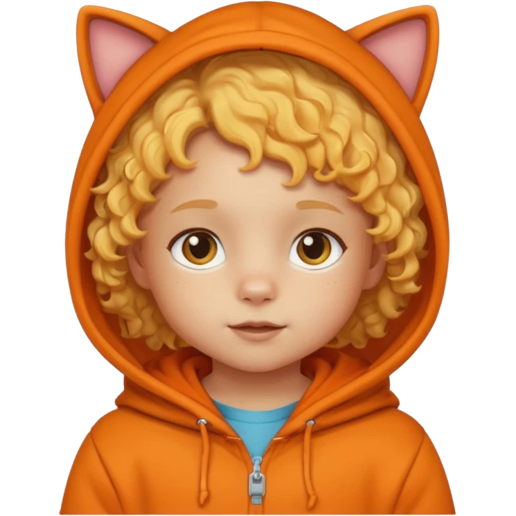little kid Toddler in orange cat hoodie, curly blonde hair emoji