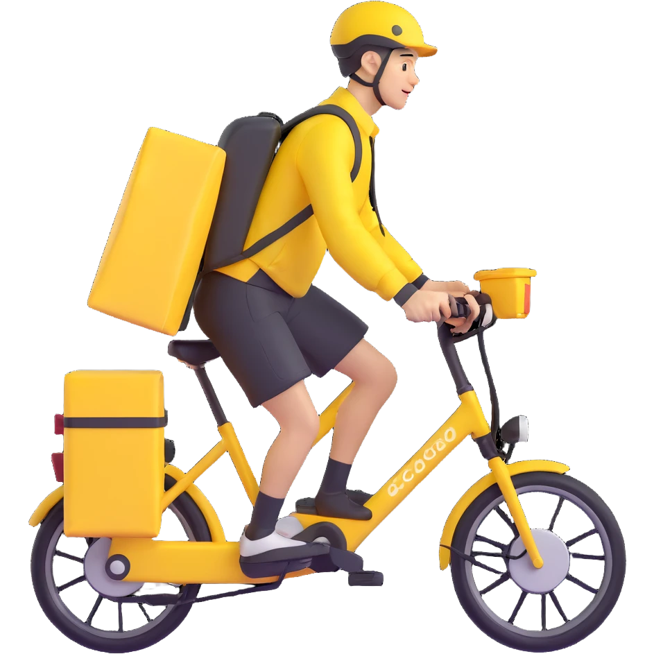 A courier on a yellow electric bike, wearing yellow and black clothes rides from left to right. On his back is a yellow food delivery bag. emoji