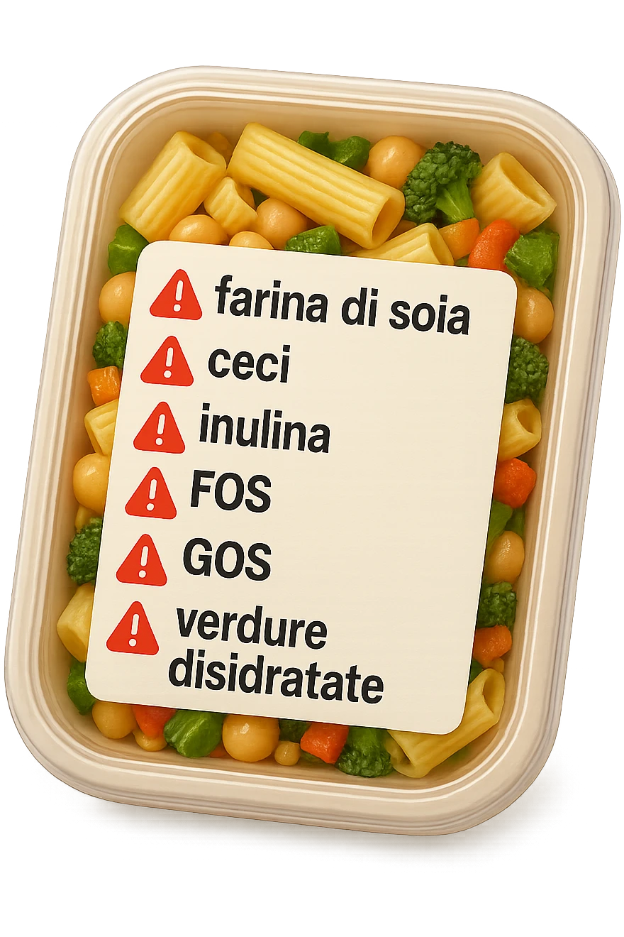 SU QUESTO STILE FAI UN EMOJI STILE IPHONE 3D DI UN insalata di pasta precotta preconfezionata con ETICHETTA CON GLI INGREDIENTI SCRITTI, "farina di soia, ceci, inulina, FOS, GOS, verdure disidratate" accanto ad ogni nome scritto mettici un segnale di allarme, FALLO MOLTO REALISTICO IN 3D emoji