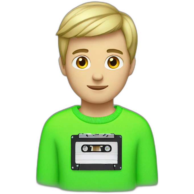 white boy in neon green sweater with cassette in his hand emoji