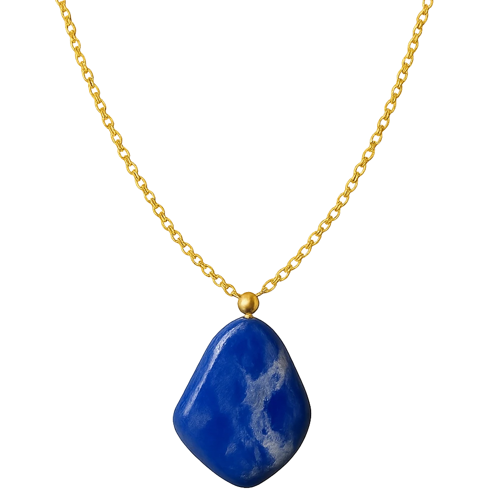 delicate gold chain necklace with an irregular polished deep blue stone, natural white and gray marbled patterns, asymmetrical shape, small metallic bead, raw yet refined earthy elegance emoji