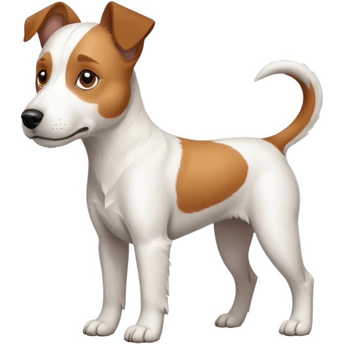 a full body large white parson russell terrier looking dog the size of a kelpie with light brown long ears and a light brown patch on one eye and a large snout emoji