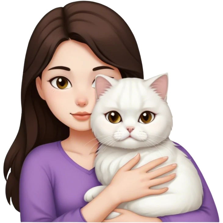 Brunette girl snuggling white Persian cat emoji