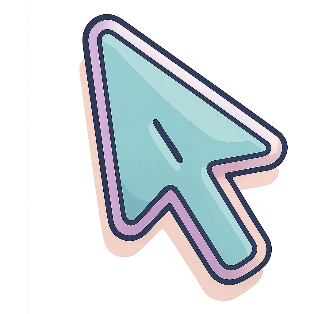 mouse cursor arrow with small cut in the middle, thin clean contours, soft rounded shapes, pastel palette #98B5BC, #B5B3C1, #C9A3C9, #E4C0CA, #F7DCD1, #F7C0AA, detailed shadows and highlights, soft lighting, transparent background emoji