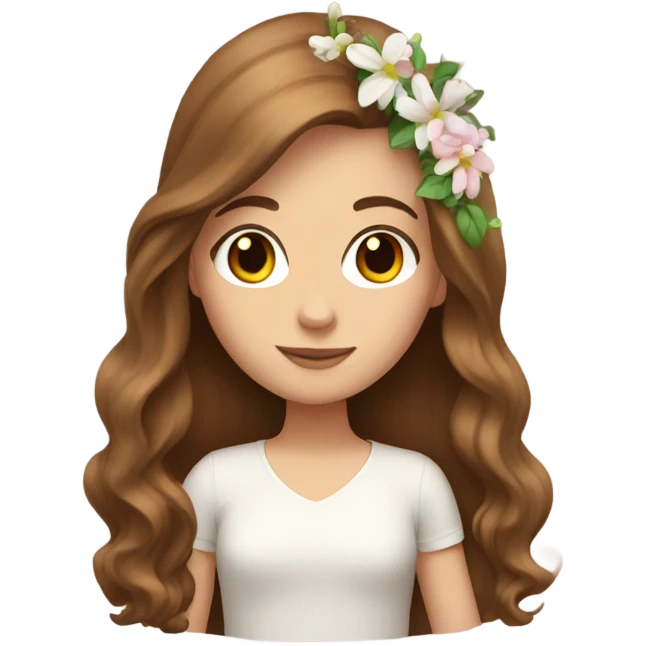 White girl with long brown hair and flowers emoji