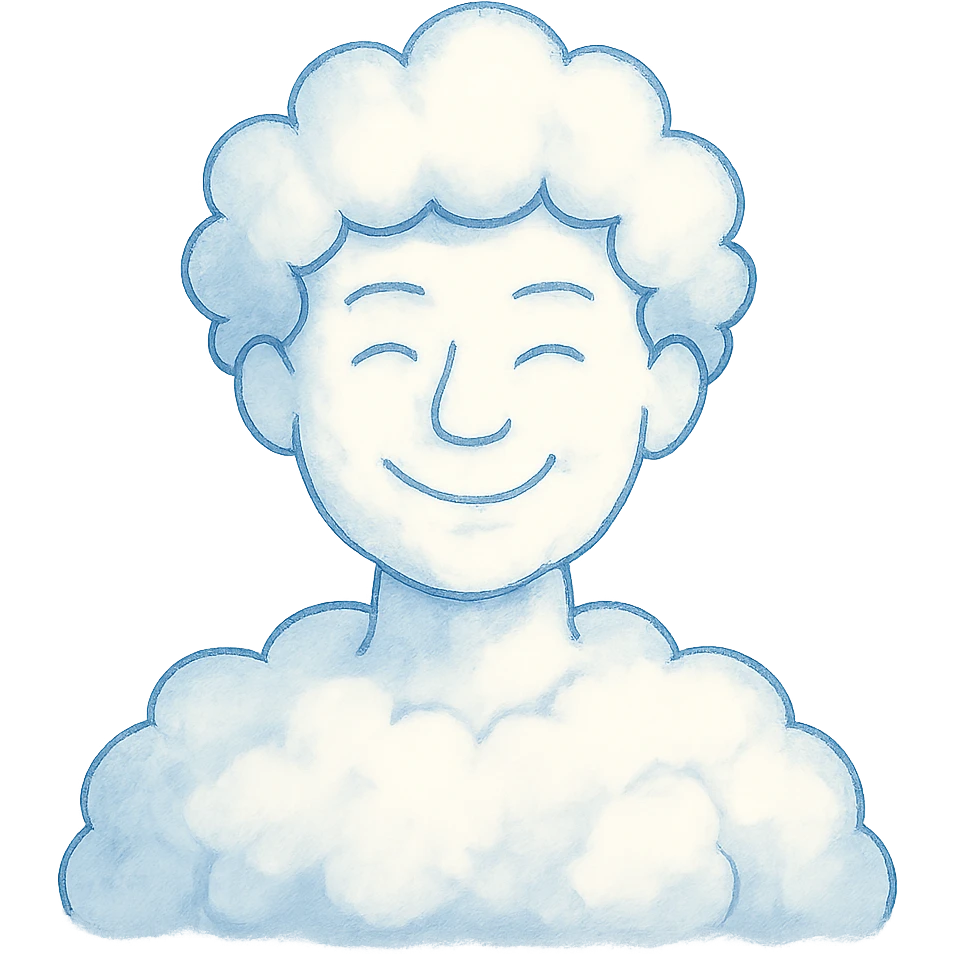 bright and recognizable person from shoulders, front view, composed of cloud-like shapes, no text emoji