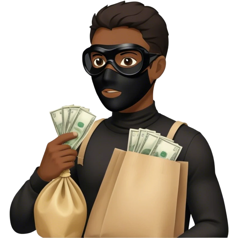 Robber, black mask, holding a bag of money, side view, male emoji
