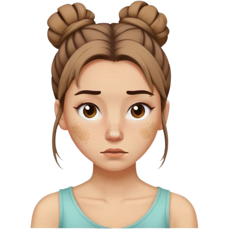 Woman with bad acne, hair in messy bun emoji