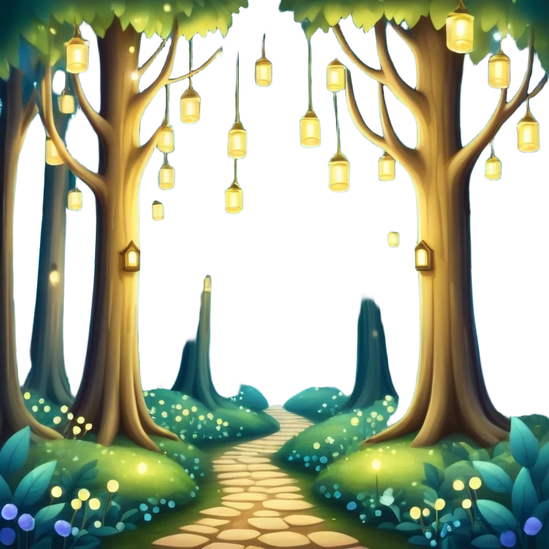 enchanted forest with tall trees and sparkling lights in a whimsical atmosphere emoji