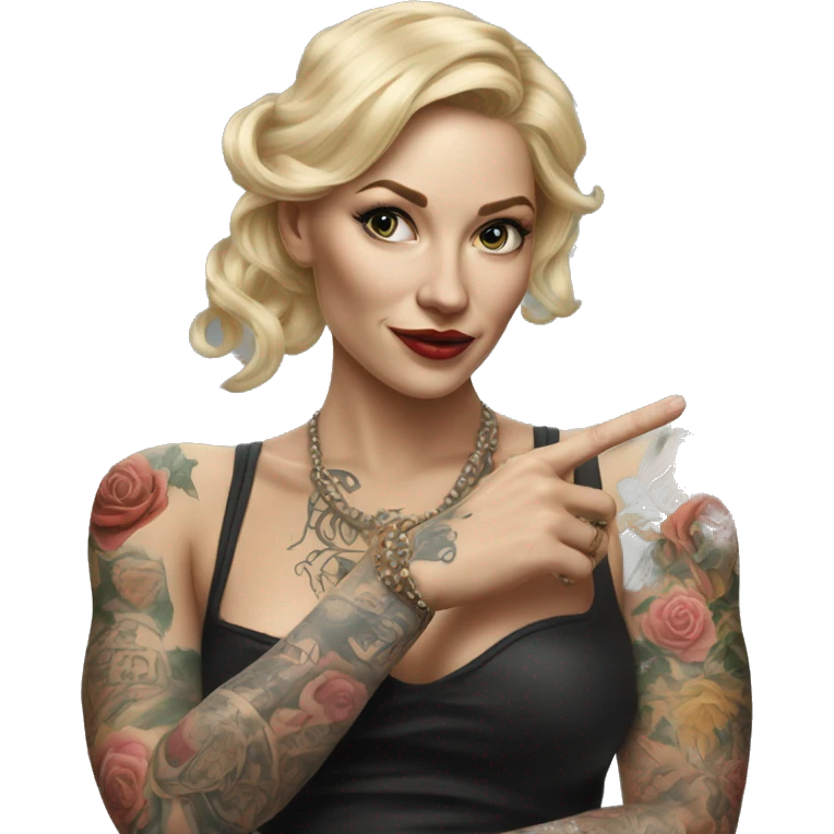 Blonde elegant women, her Body Covered with Tattoos, POINTING to YOU FORWARD with her ONE HAND , Hyper realistic emoji