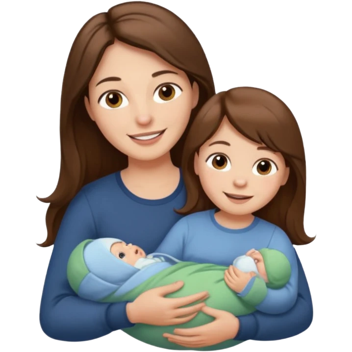"Woman with long brown hair and fair skin holding a baby. And man with short brown hair and fair skin, without a mustache, holding a child. Smiling." emoji
