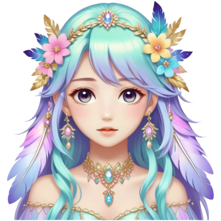 Beautiful gorgeous anime lady with beautiful iridescent-special-hair, fashion aesthetic, ethereal, fairycore, pastelcore, feather, flower, gems, accessories, jewelries, gold, colorful emoji