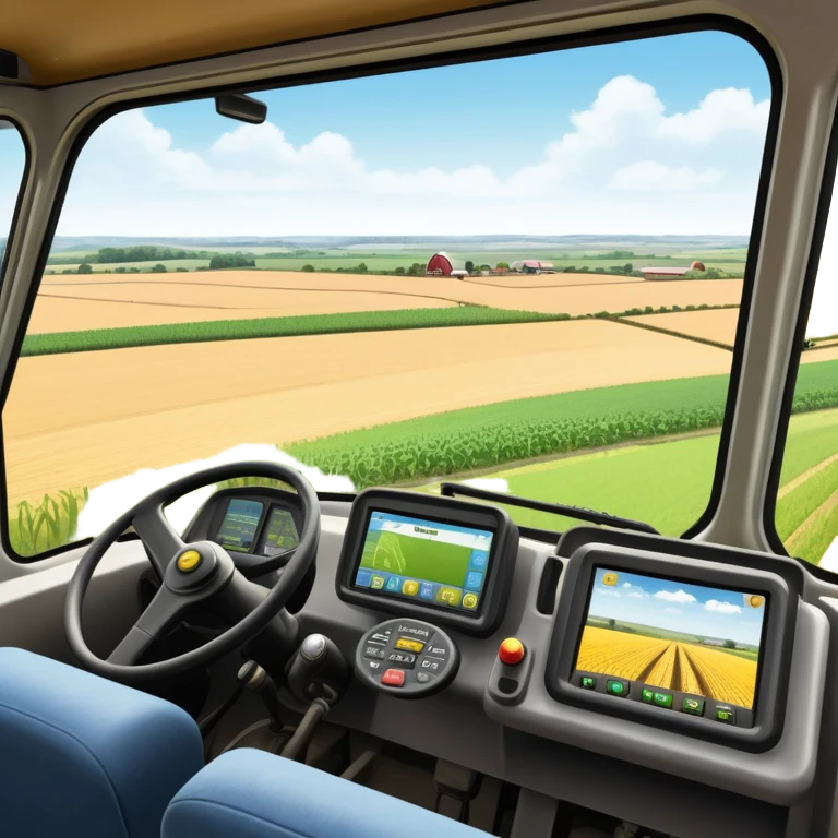 a view from the tractor cabin, with the dashboard in focus, overlooking a vibrant rural landscape. Inspired by Farming Simulator 22, the scene includes fields, crops, and distant barns under a bright sky. The design highlights the immersive experience of farm management. transparent background emoji