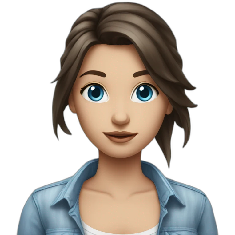 brunette girl with sky blue eyes in streaky shirt an jeans emoji