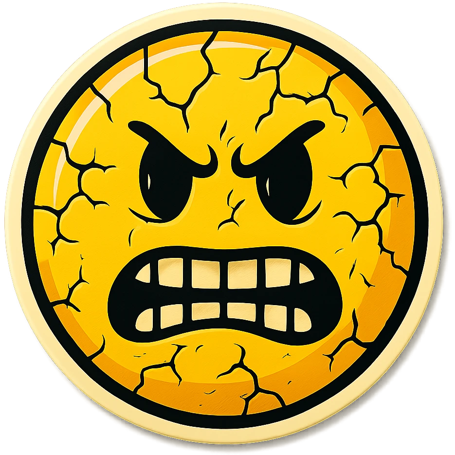 scary emoji with cracks and chips, retro stickers style, sharp black outlines, clear shadows and highlights, no gradients emoji